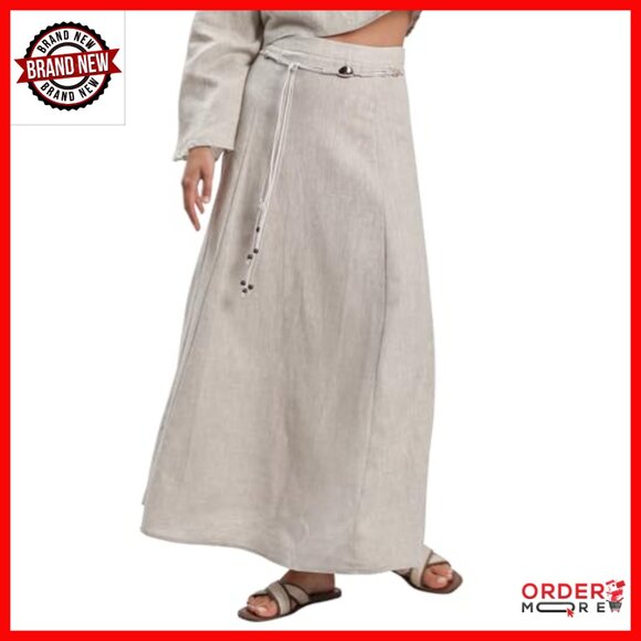 100% Linen Maxi Skirt with Belt A-Line Relaxed Fit High Rise - Picture 2 of 7